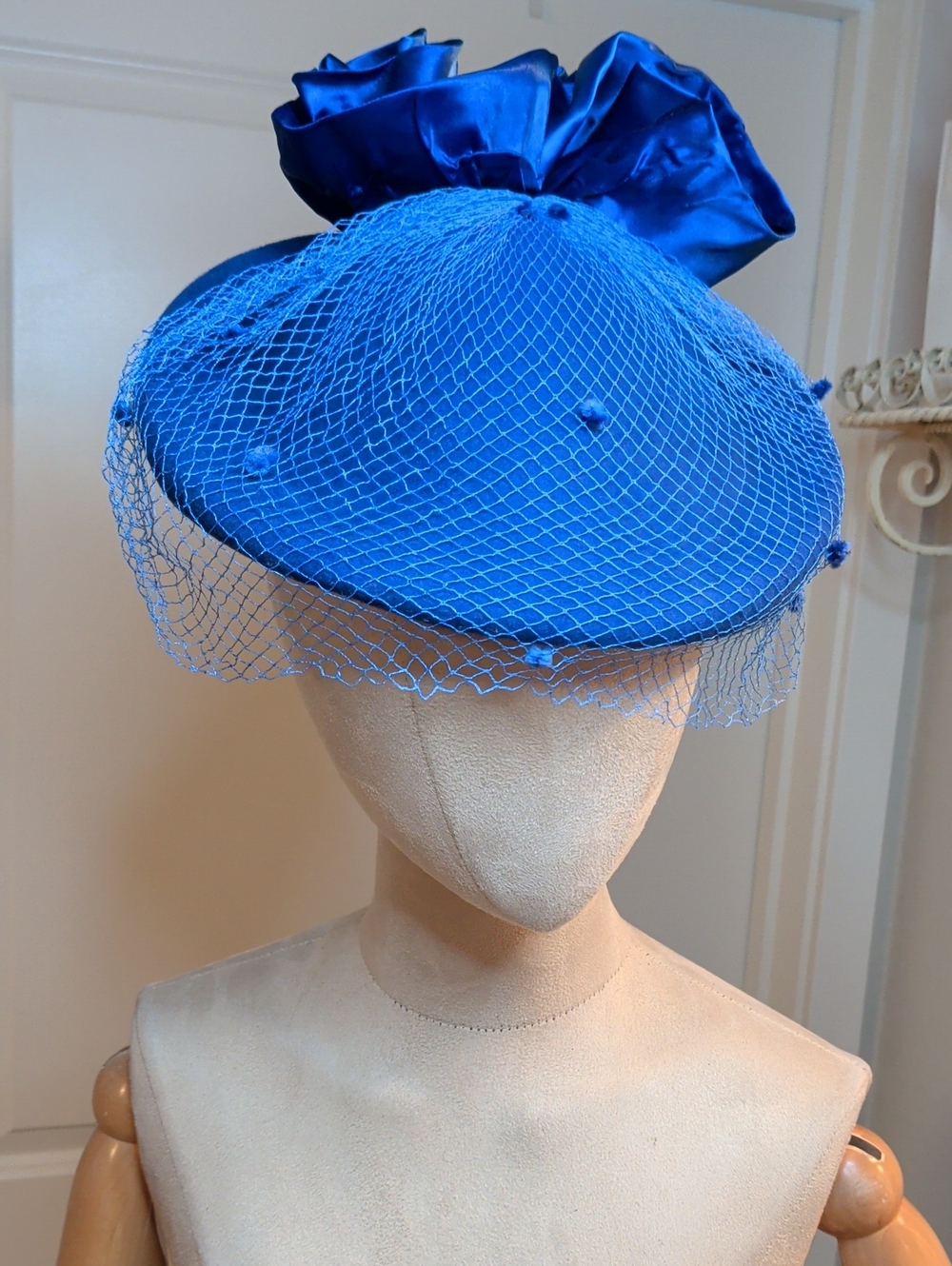 Vintage 60s Michael Howard Mr Charles Hat Royal Blue Wool Satin & Netting 22"